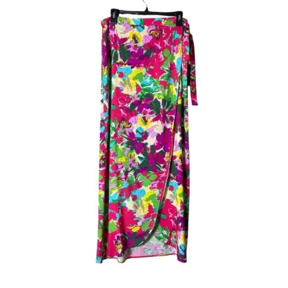 Womens Hawaiian Wrap Maxi Skirt Medium Beachy Tropical Multicolor Coastal New - Picture 1 of 9